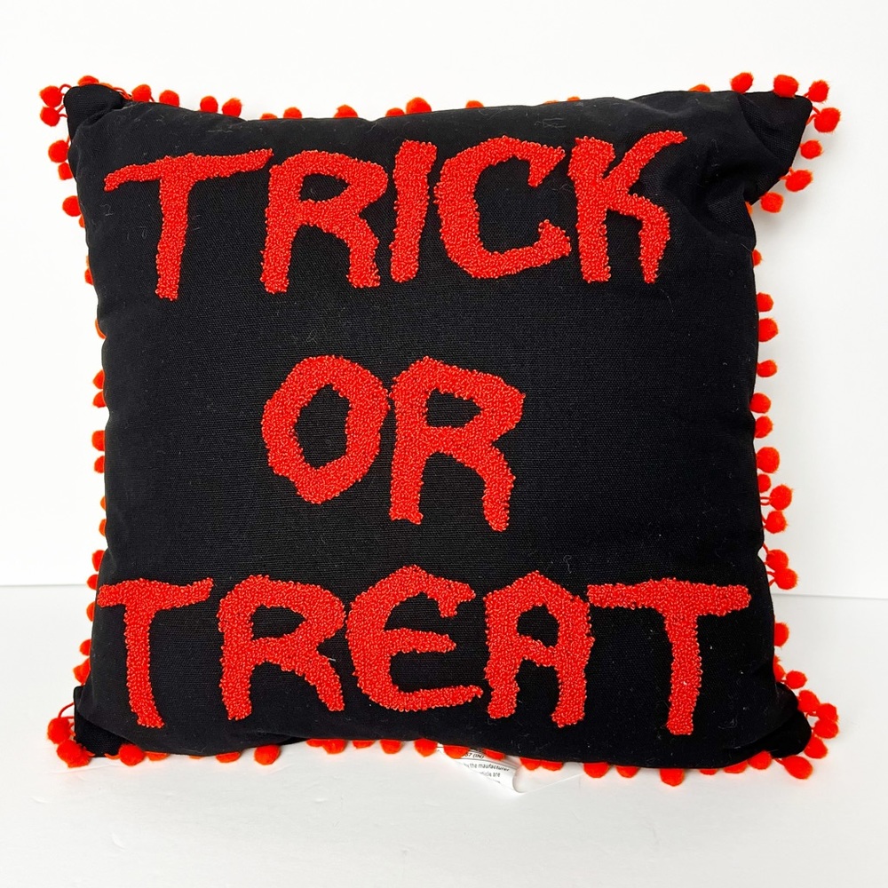 Haunted Living Trick Or Trick Black Orange Pom Pom Decorative Pillow 16x16